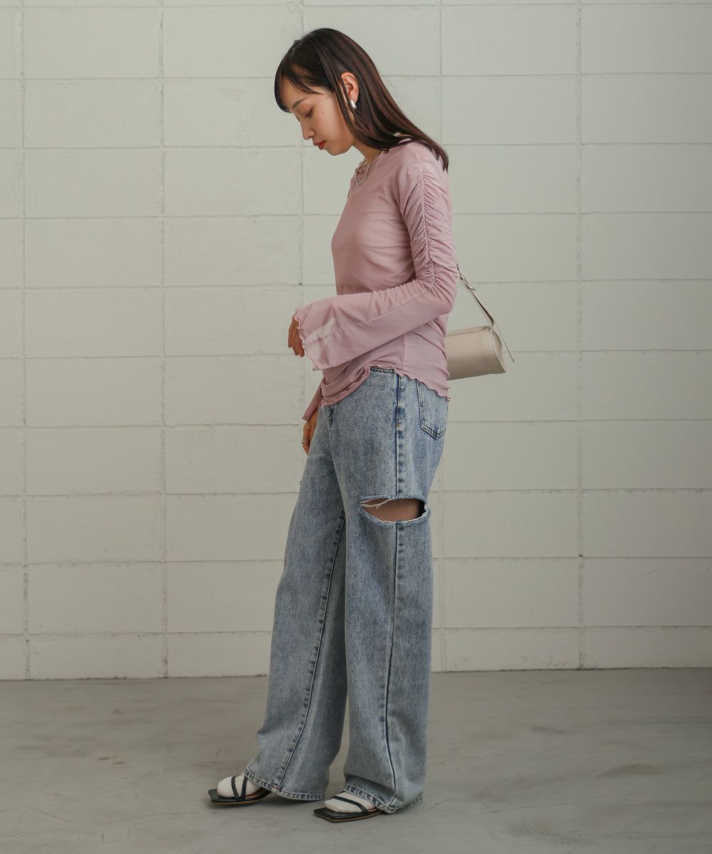 日本 Bab - 時尚透感抓皺長袖內搭/上衣-深可可