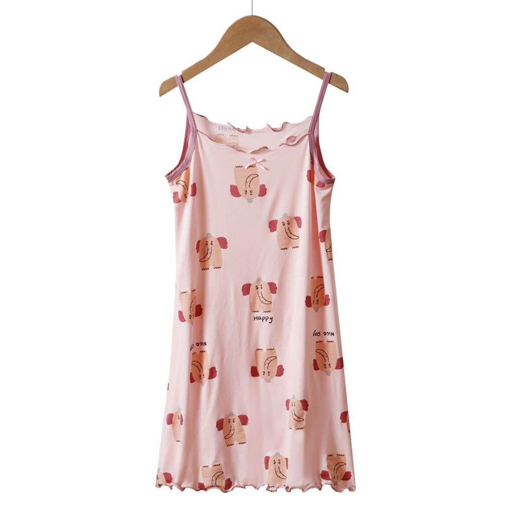 涼感莫代爾細肩帶連身睡裙/家居服-滿版大象-粉色
