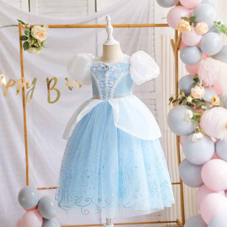 灰姑娘公主袖網紗洋裝-溫柔藍