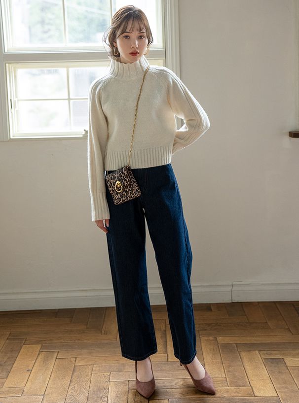 日本 GRL - 寬窄羅紋拼接高領針織毛衣-深灰