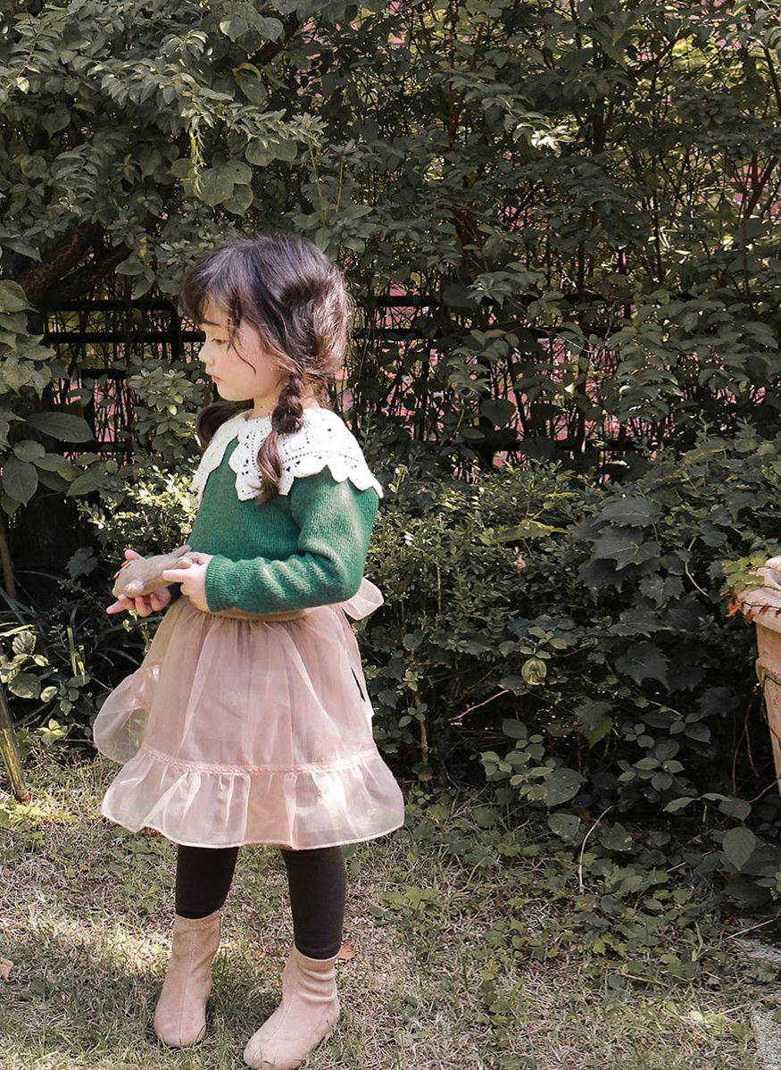 韓國 Puellaflo - 鏤空針織領上衣-綠