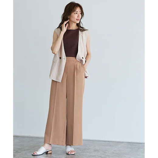 日本 Pierrot - 熱銷定番 打褶修身西裝寬褲-淺灰杏