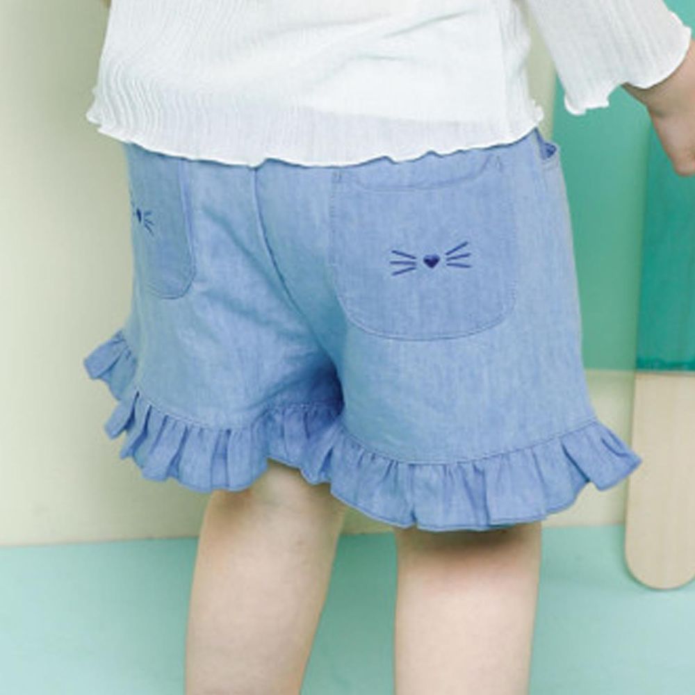 韓國 Jelispoon - 貓咪刺繡鬆緊帶荷葉短褲-牛仔藍