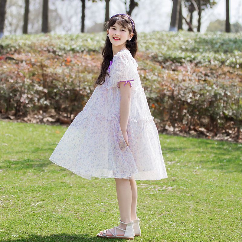 網紗泡泡袖蛋糕裙洋裝-滿版碎花-白+紫