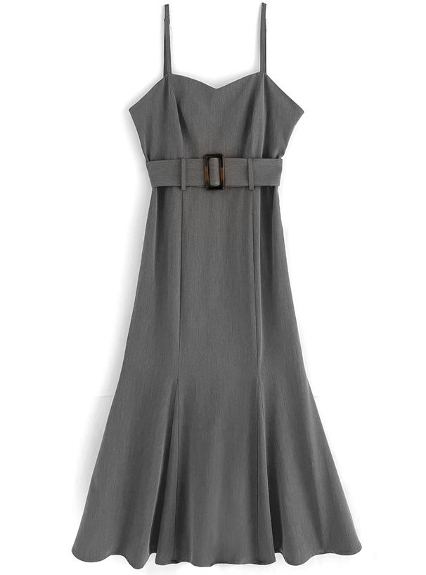 日本 GRL - 桃心領收腰魚尾吊帶裙(附腰帶)-黑