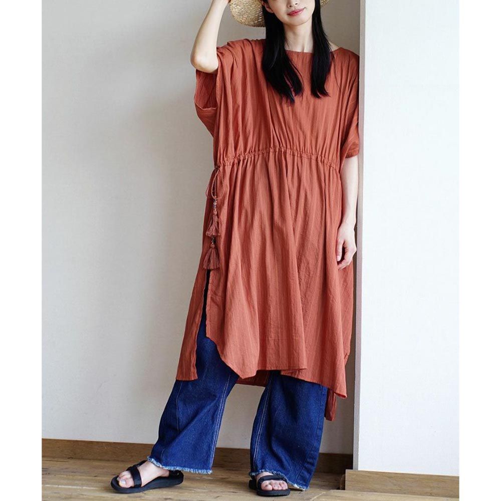 日本 zootie - 民族風 縮腰綁帶高衩短袖洋裝/罩衫-磚橘