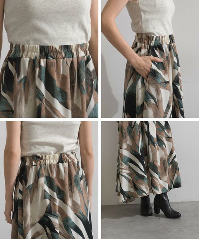 日本 Lupilien - 油畫線條感印花飄逸長裙(附口袋)-綠棕系