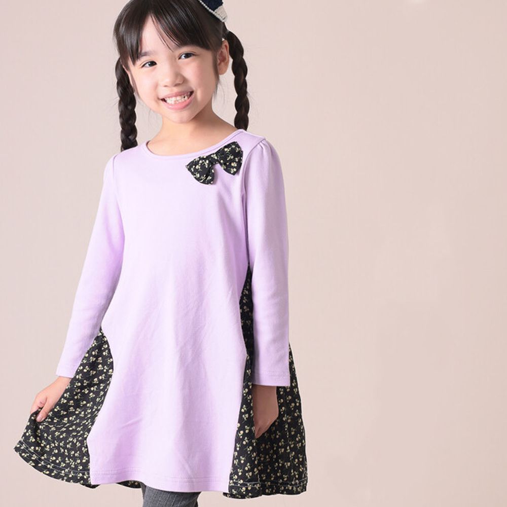 日本 TORIDORY - 碎花拼接長袖洋裝-紫
