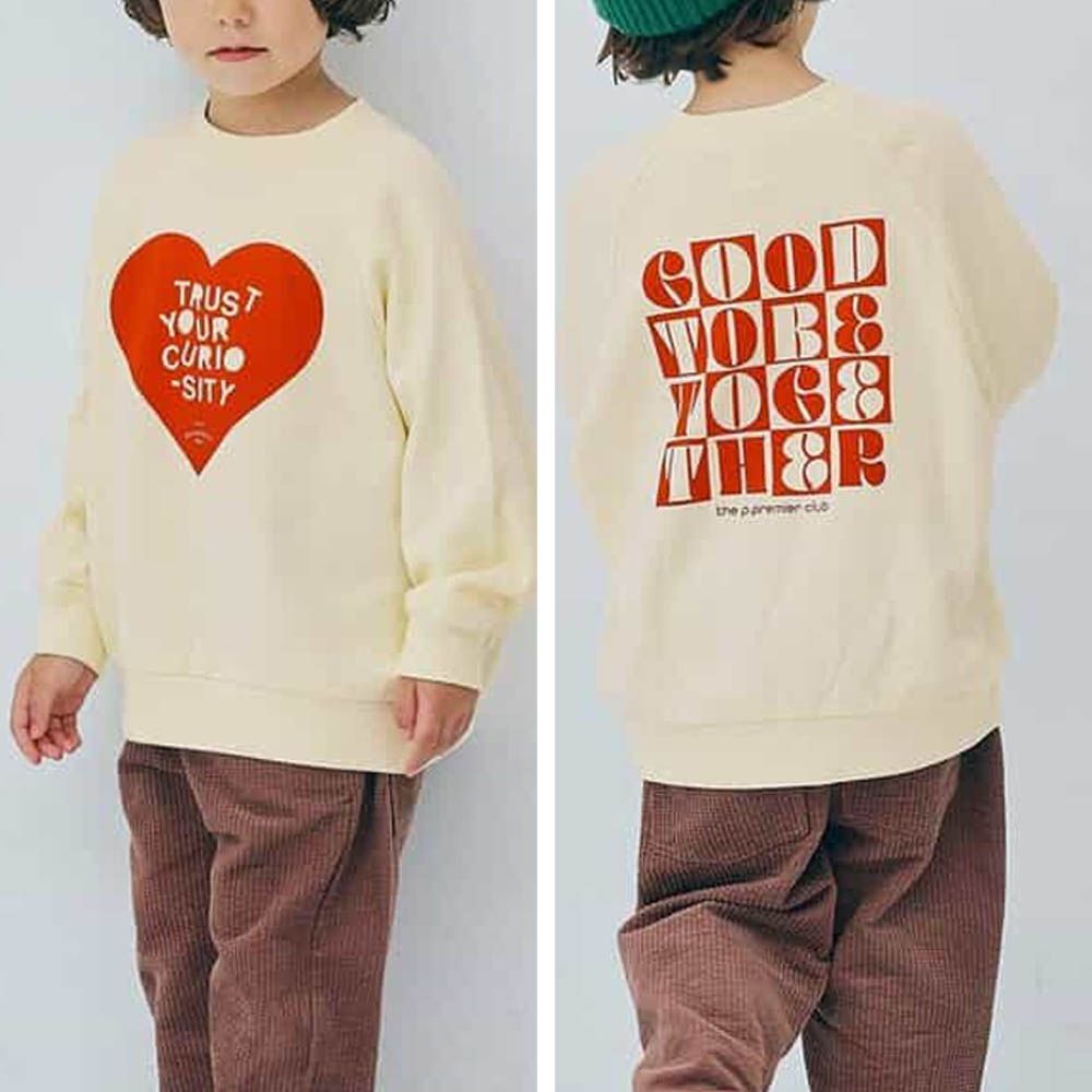 100%棉 落肩印花縮口長袖上衣-愛心-奶白