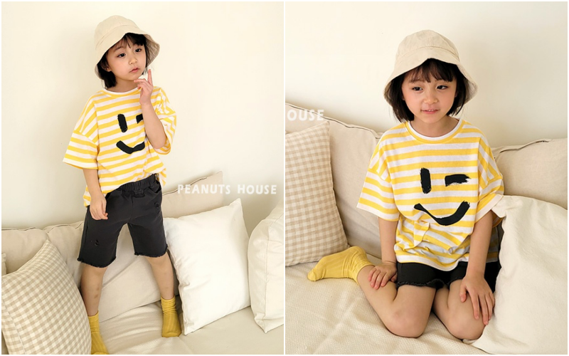 韓國 Peanuts House - 條紋眨眼T-黃