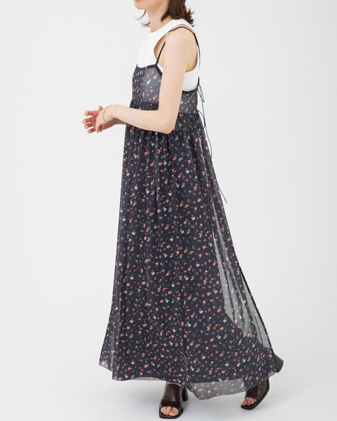 日本 gleam - 前後2way浪漫小花細肩帶薄紗洋裝-水藍