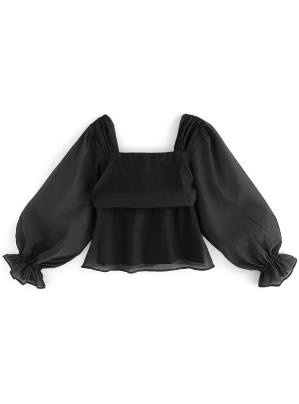 日本 GRL - 優美方領薄紗拼接收腰上衣-米杏 (F)