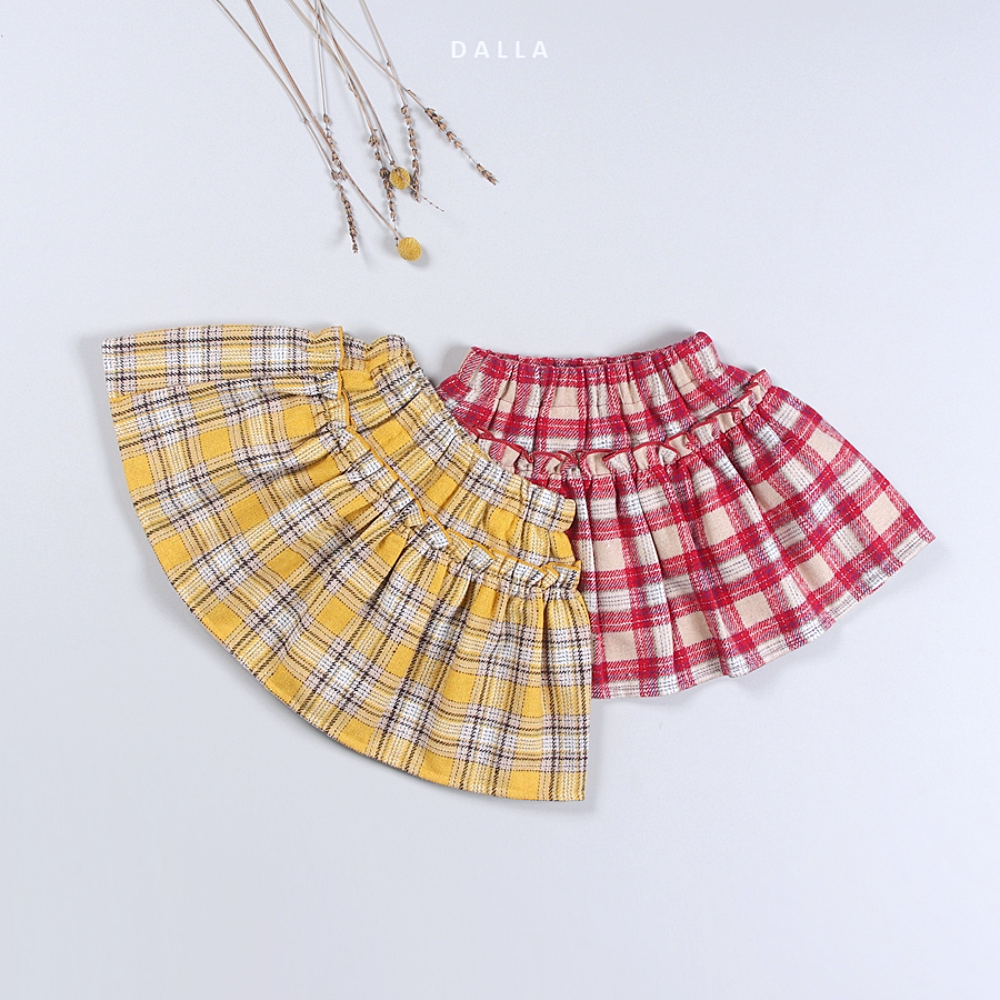 韓國 Dalla - 縮緊帶學院風格子短裙-黃