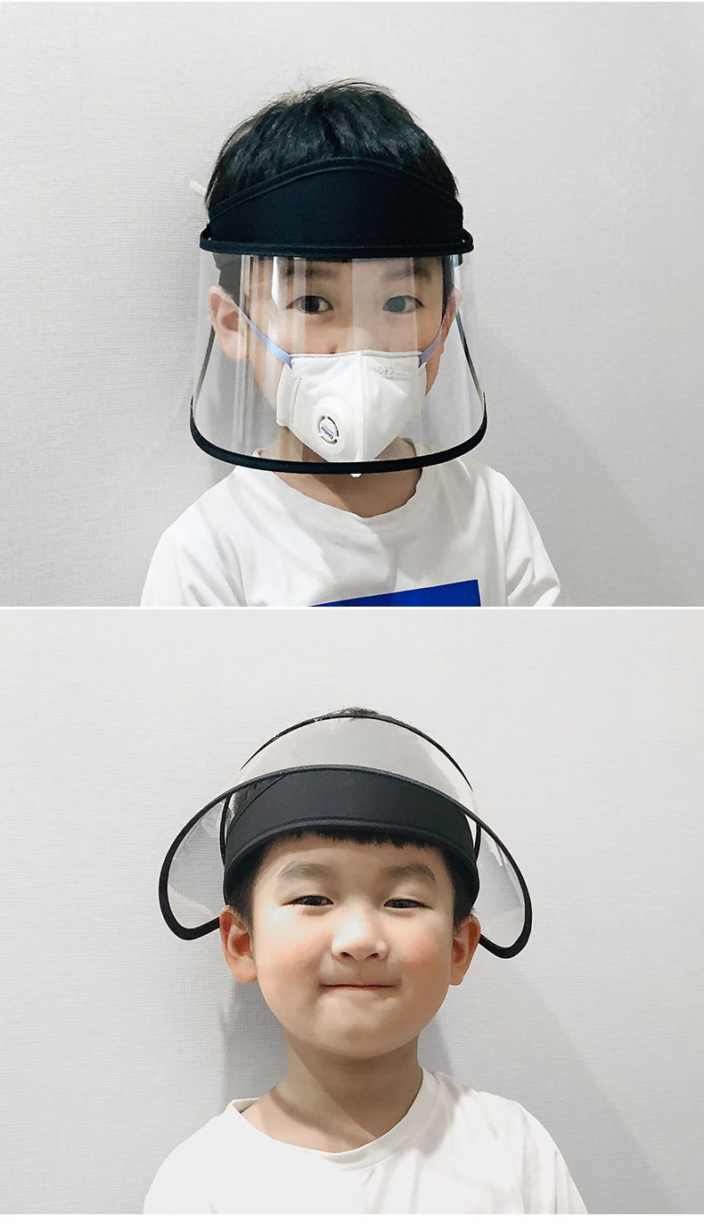 兒童加寬透明防飛沫面罩空頂帽-可調節角度-黑色