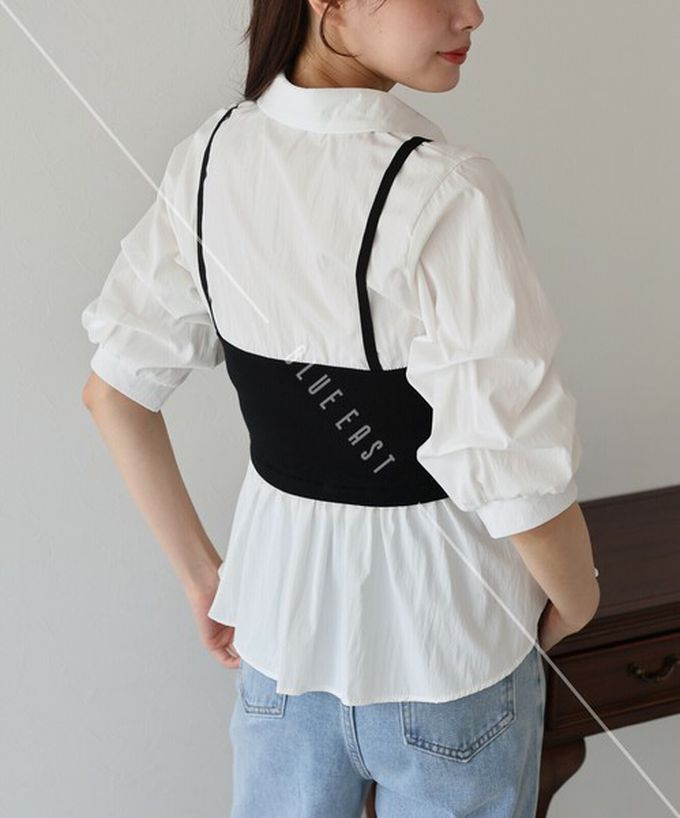 日本 BLUE EAST - 假二件俐落時尚疊穿五分袖上衣-黑x白