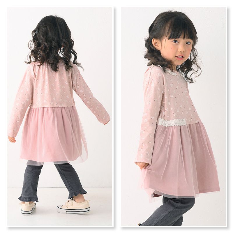 日本 ZOOLAND - 上下拼接長袖洋裝-小花薄紗-粉