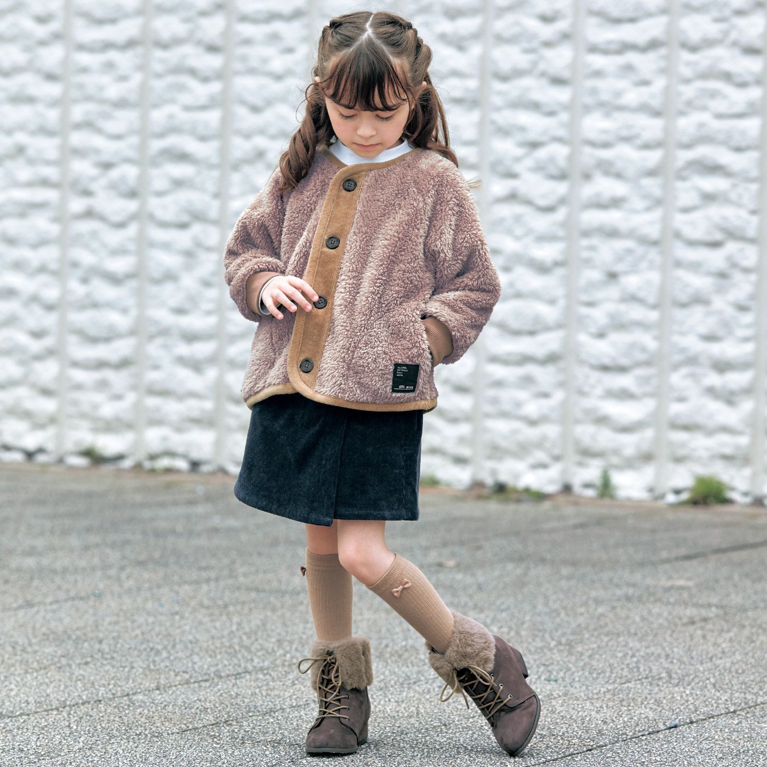 日本千趣會 - 燈芯絨拼接泰迪熊保暖外套-撞色-灰粉x卡其