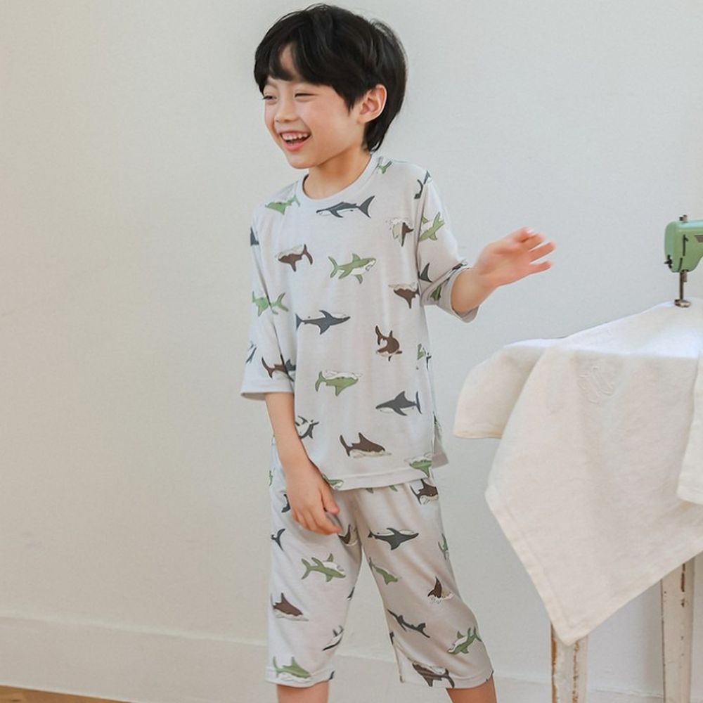 親膚莫代爾7分袖家居服/睡衣-鯊魚插畫-灰