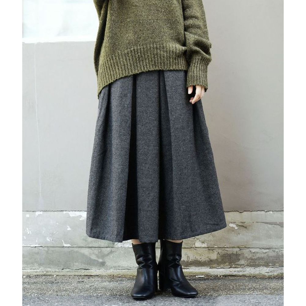 日本 zootie - 20%羊毛混紡多層次打褶長裙-黑灰線條
