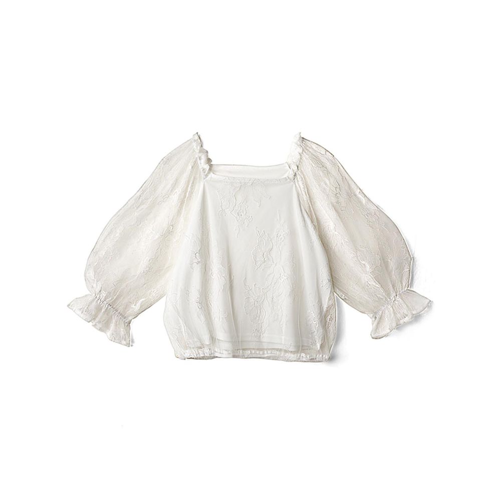 日本 GRL - 透膚蕾絲花刺繡五分袖上衣-天使白
