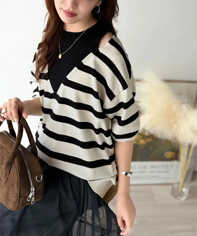 日本 Classical Elf - 假二件疊穿時尚露肩長袖上衣-灰