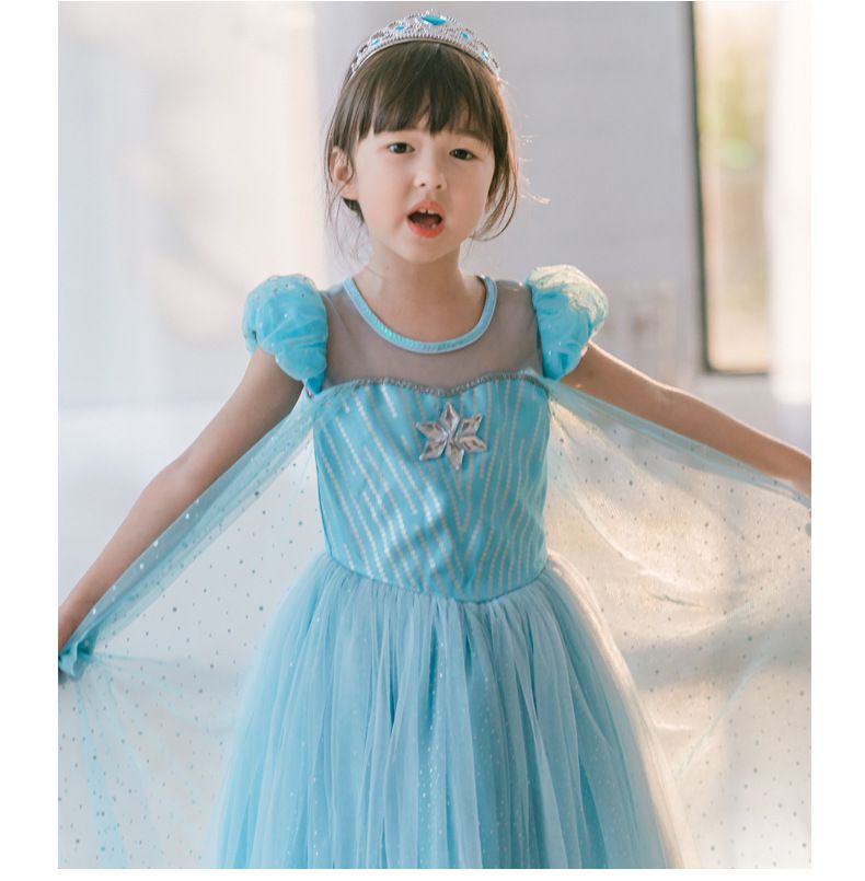 披肩薄紗短袖洋裝-藍色