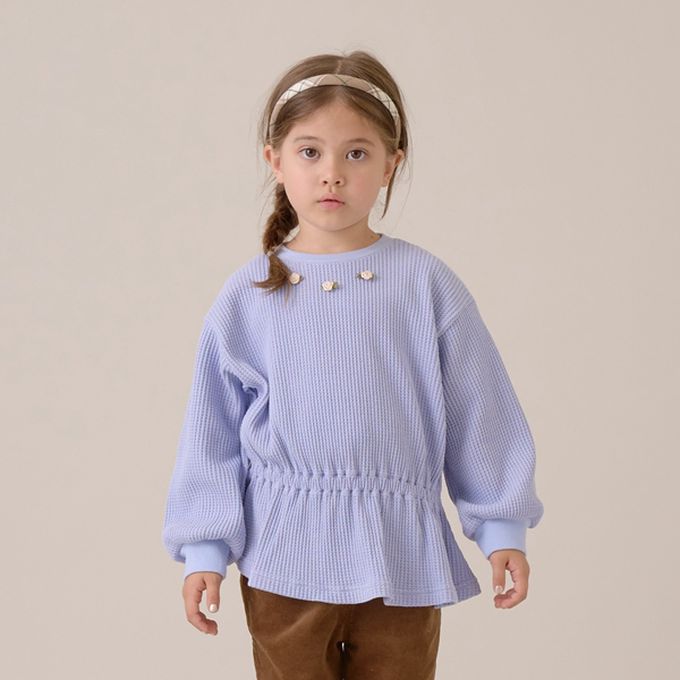 日本 Lycee mine - 華夫格領口小花束腰長袖上衣-淺藍