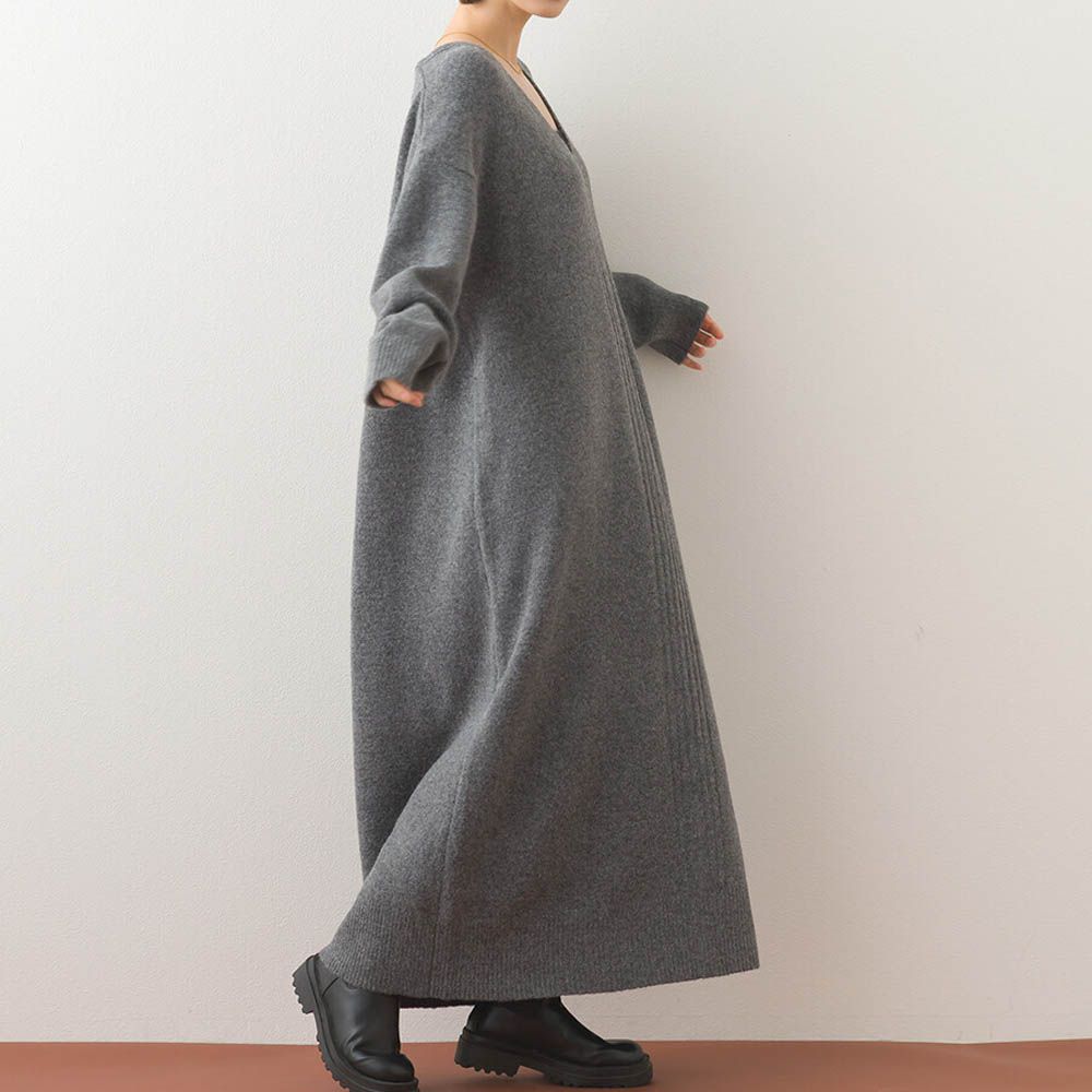 V領柔軟針織寬鬆感長袖洋裝-深灰