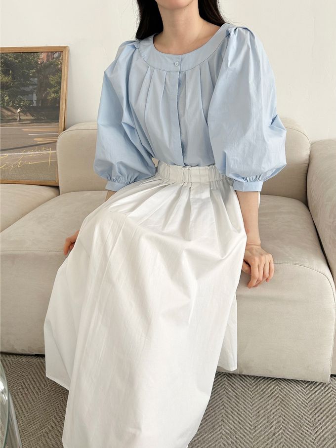 韓國女裝連線 - 氣質抓褶圓領七分袖襯衫-白 (FREE)