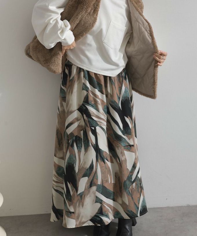 日本 Lupilien - 油畫線條感印花飄逸長裙(附口袋)-綠棕系