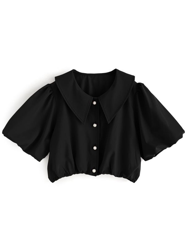 日本 GRL - 浪漫翻領珍珠釦泡泡袖襯衫-淺水藍 (F)