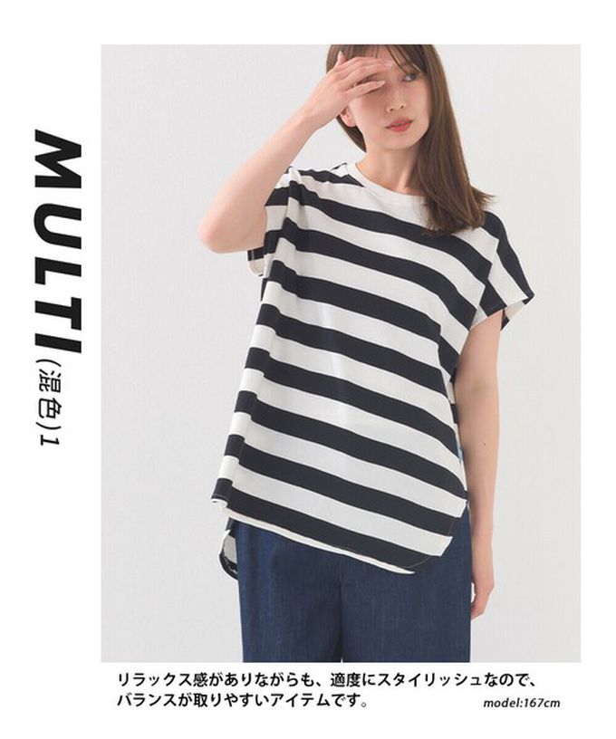 日本 OMNES - 接觸冷感 純棉不易皺法式袖上衣-細條紋-黑x白