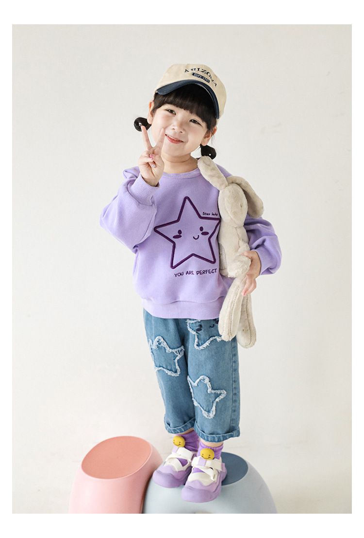 針織刺繡圓領長袖上衣-星星-米白色