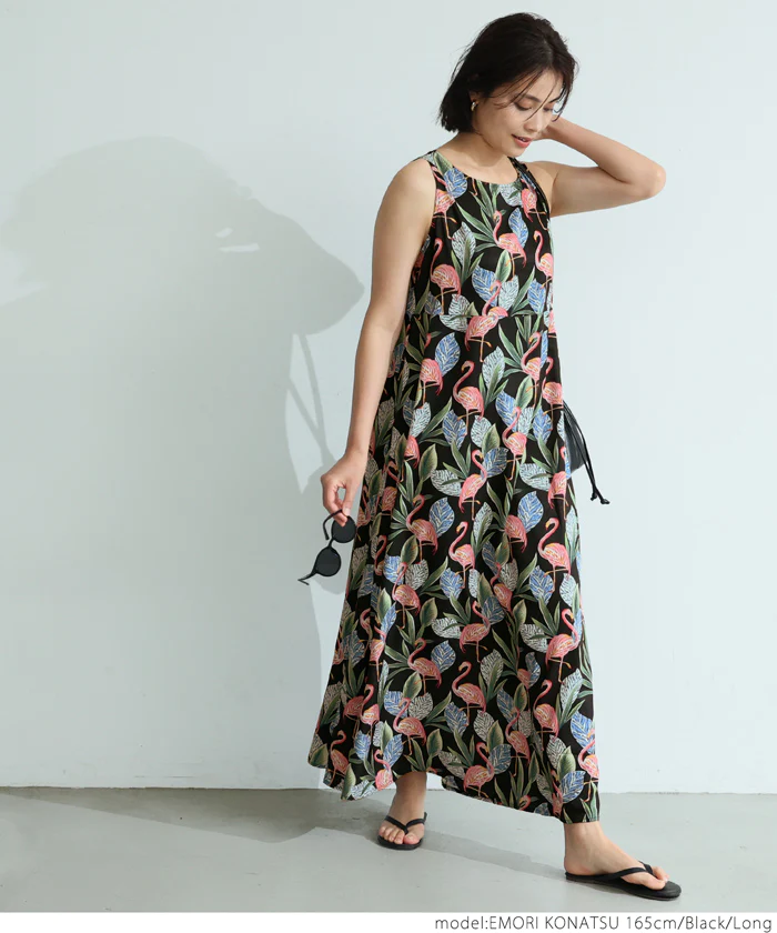 日本 COCA - 熱帶風情印花無袖洋裝-黑