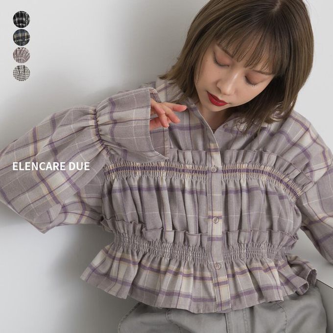 日本 ELENCARE DUE - 短版設計感皺摺格紋長袖襯衫-深藍