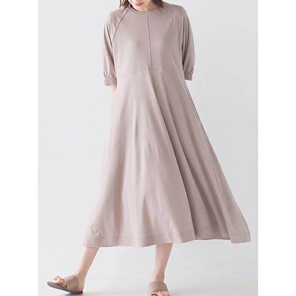 抗透汗 簡約圓領氣球袖洋裝-卡其