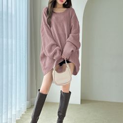 日本 GRL - 熱銷款 大圓領羅紋修身針織上衣-灰粉 (F)