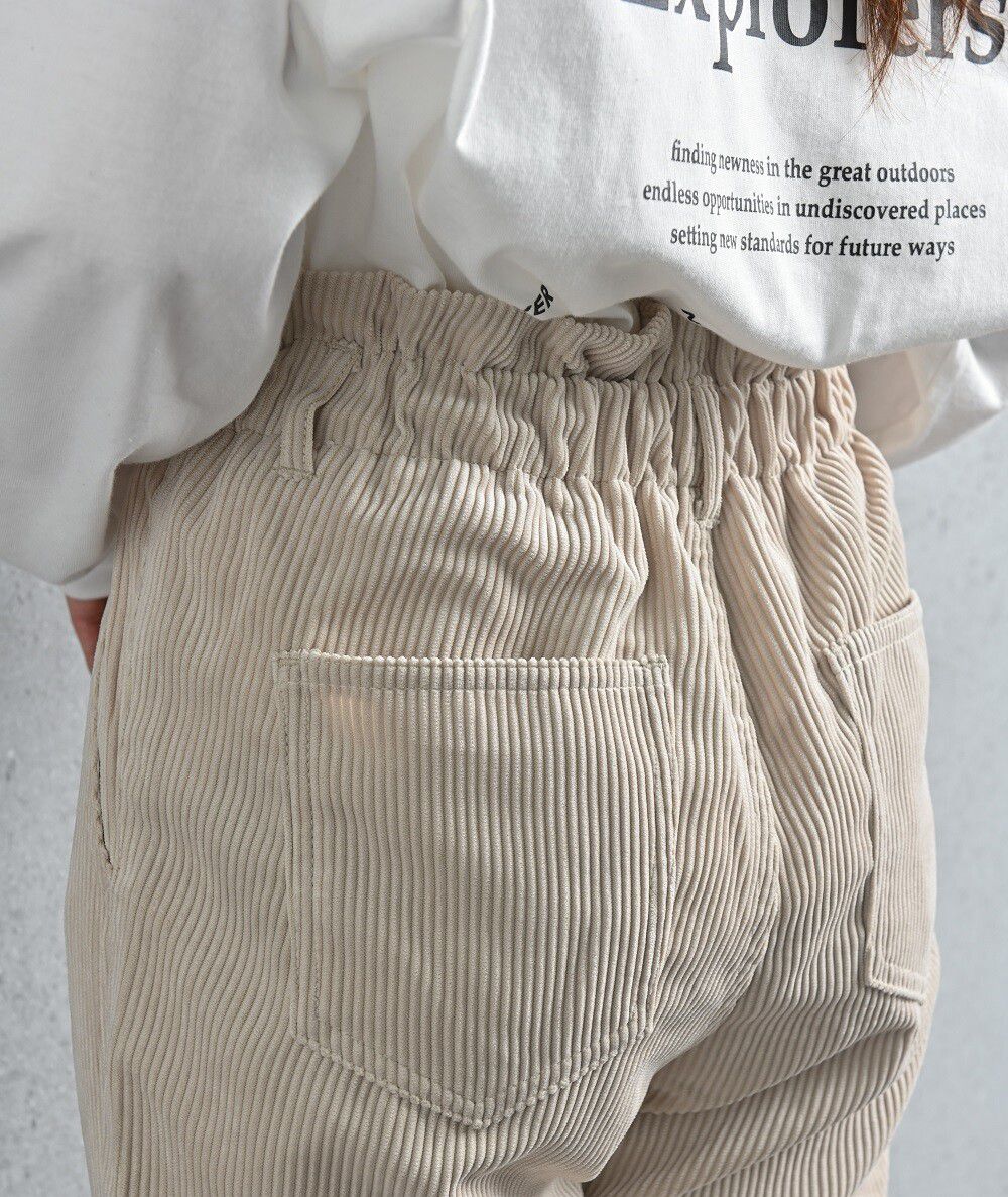 日本 ELENCARE DUE - 糖果抓皺鬆緊燈芯絨長褲-黑