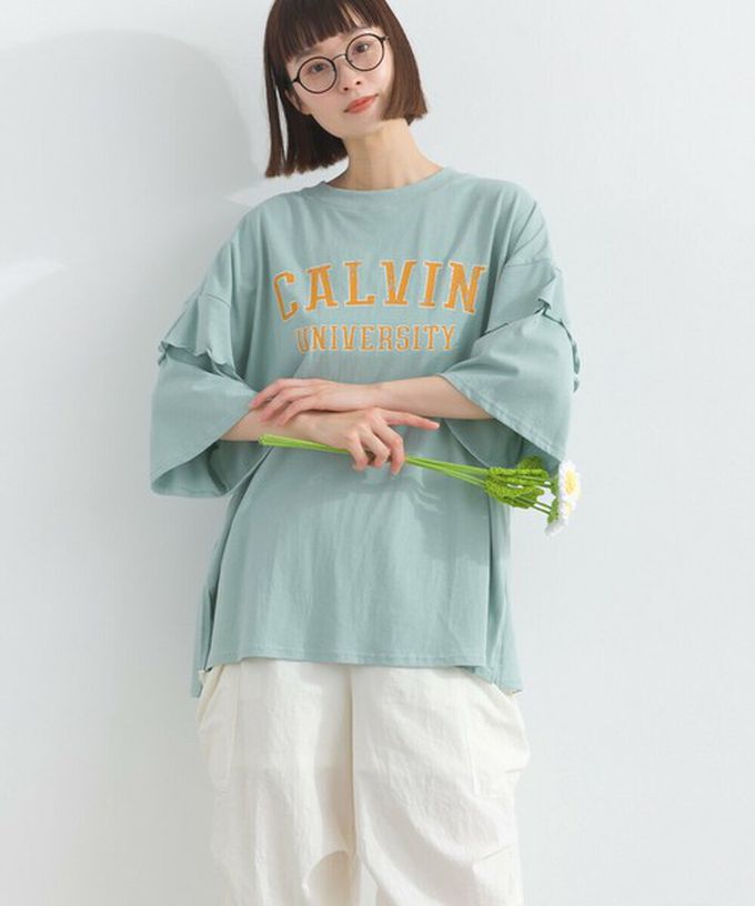 日本 Lupilien - 接觸冷感 學院風印花荷葉寬袖上衣-橘