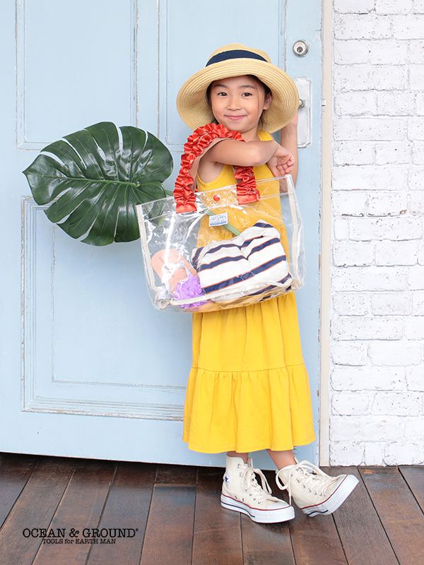 日本 OCEAN&GROUND - 透明PVC防水手提袋-緞帶度假風-灰黑 CH (27x33x20.5cm)