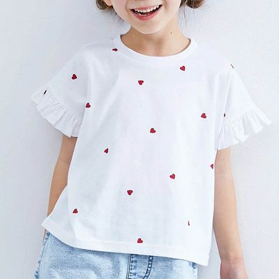 日本 devirock - 愛心刺繡荷葉邊短袖上衣-白