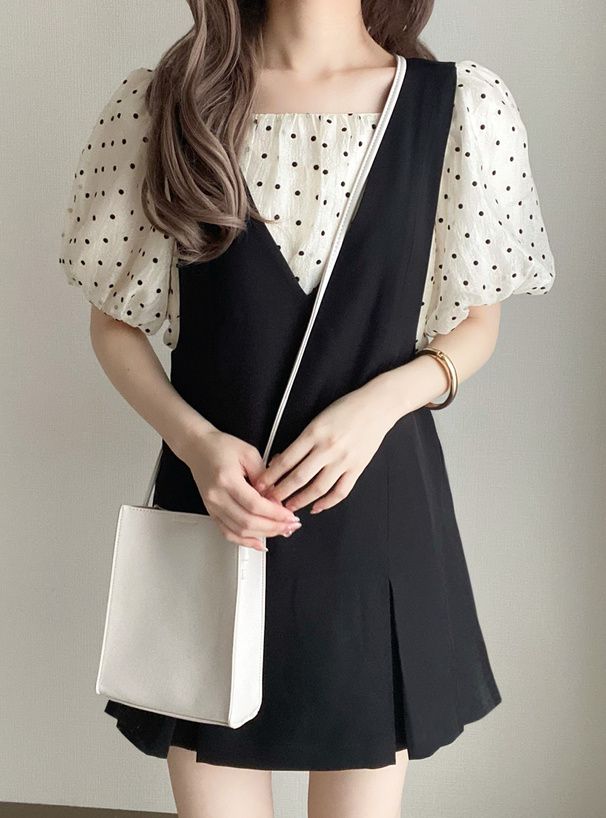 日本 GRL - 法式方領點點泡泡袖上衣-石墨灰 (M)