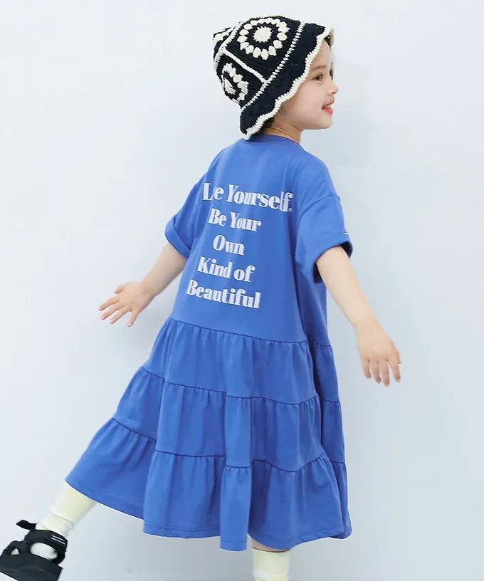 日本 devirock - 天竺棉舒適分層短袖洋裝-背後標語-粉紅