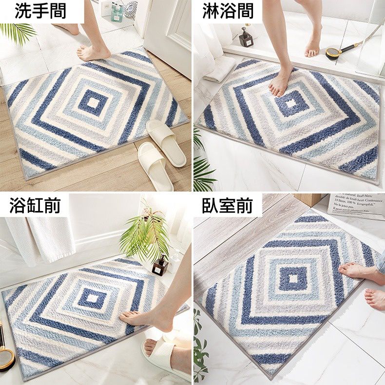 快速吸水植絨浴室腳踏墊-圖騰藍色