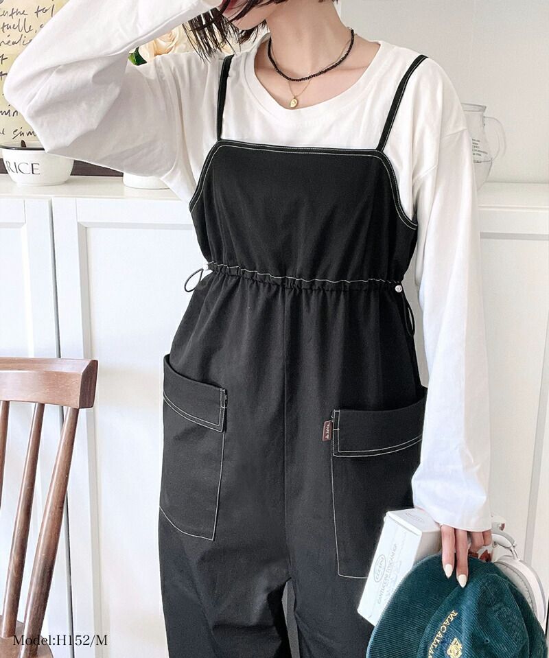 日本 Classical Elf - 工裝風側抽繩吊帶褲-黑