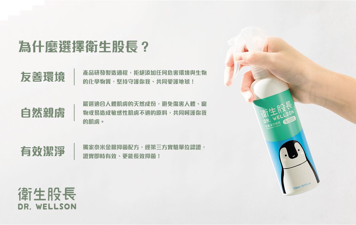 衛生股長 DR. WELLSON - 抗菌清潔噴霧/適用桌面/玩具/地墊/採用獨家奈米金銀同帖抑菌技術-250ml
