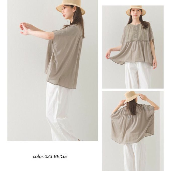 日本 OMNES - 印度棉 細節感輕透皺褶大寬袖上衣-卡其