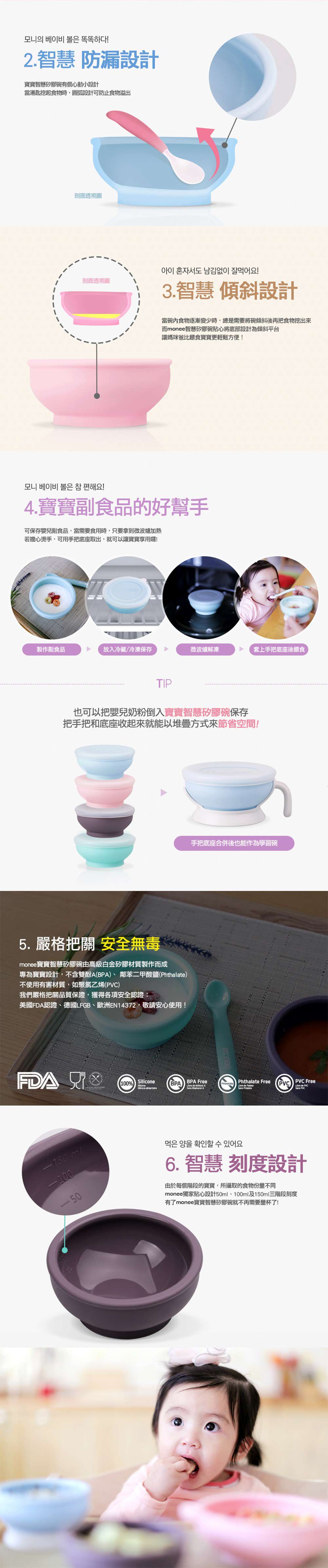 韓國 monee - 100%白金矽膠寶寶智慧矽膠碗-天空藍-150ml (5.1oz)