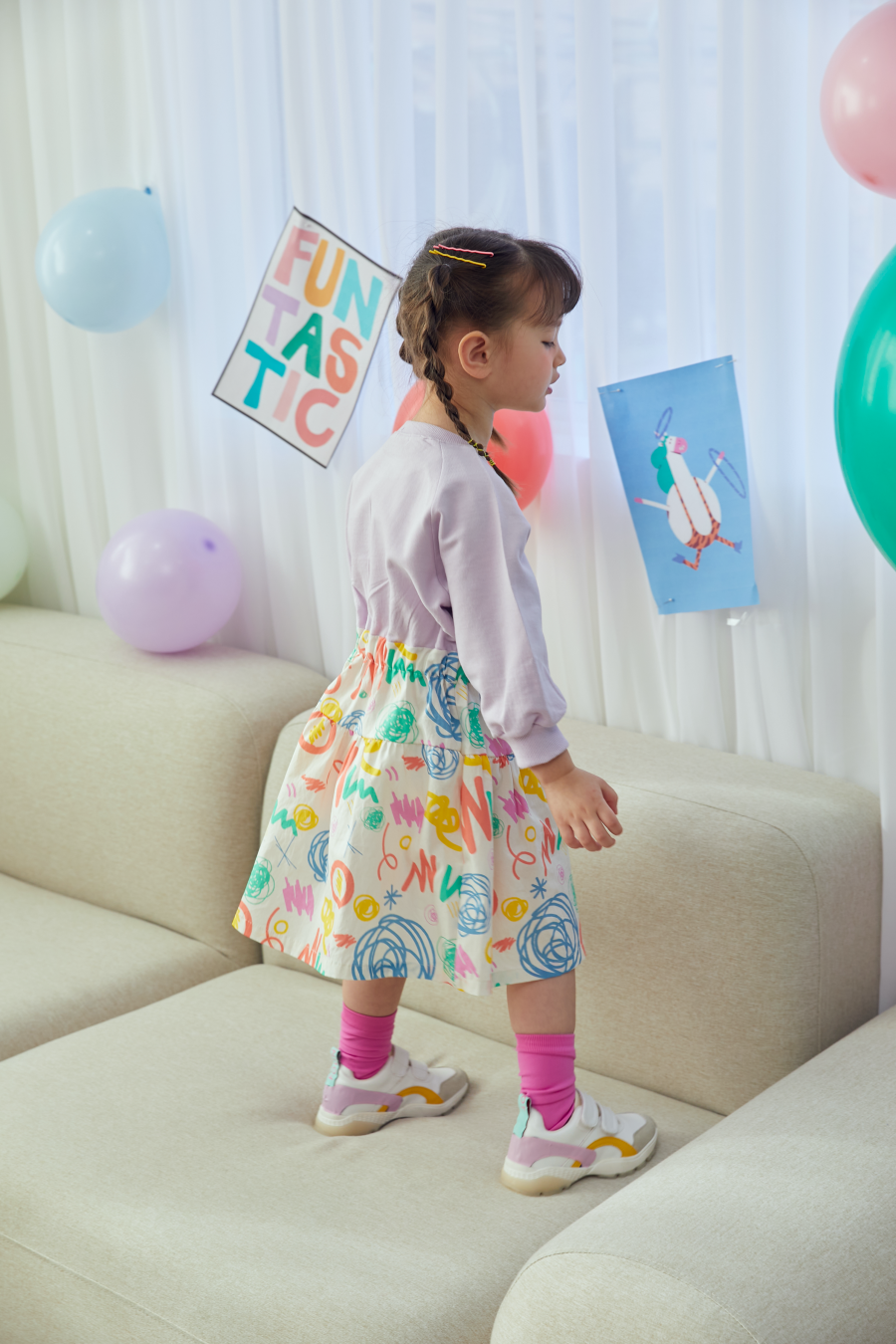 韓國 MINIATURE - 彩虹雛菊拼接縮腰洋裝-紫