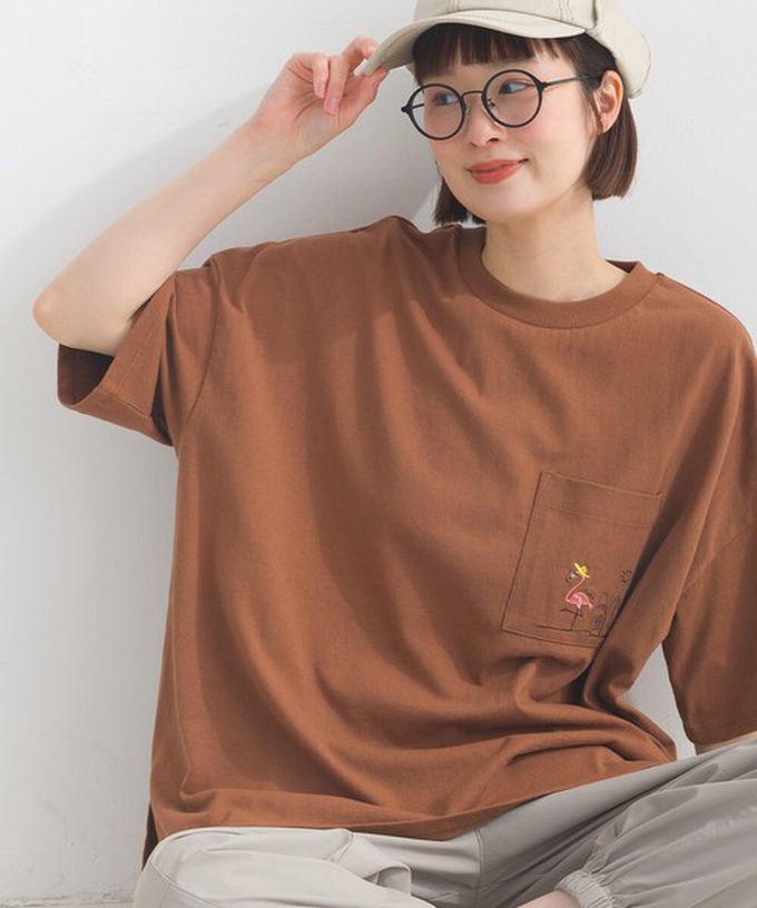 日本 Lupilien - 16支天竺棉俏皮動物刺繡大口袋短袖T恤-粉紅